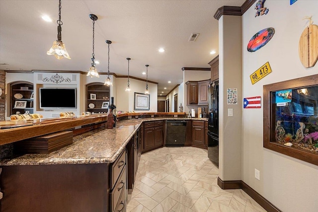 kitchen with built in shelves, dark brown cabinets, black appliances, decorative light fixtures, and stone counters