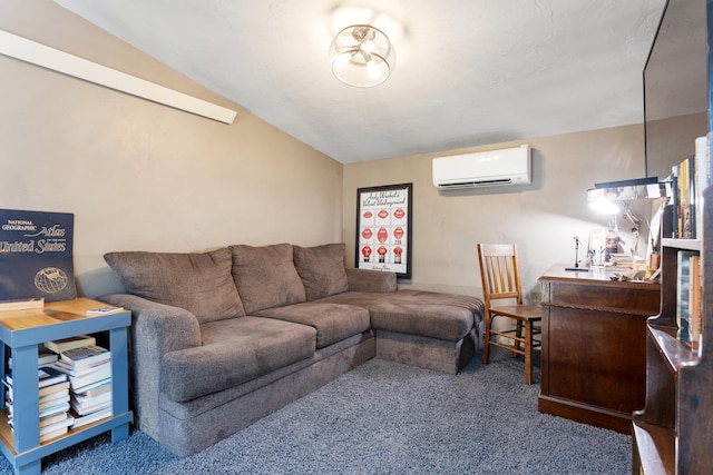 carpeted living room with a wall mounted AC and lofted ceiling