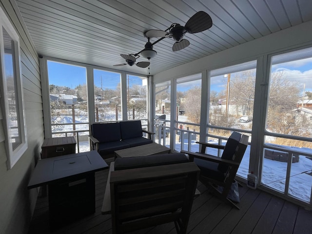 sunroom / solarium featuring ceiling fan and a healthy amount of sunlight