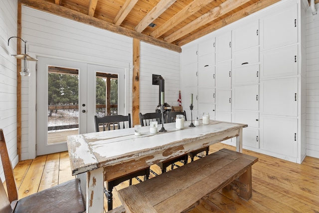 dining area with wooden ceiling, a wood stove, and wooden walls