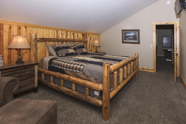 carpeted bedroom featuring vaulted ceiling