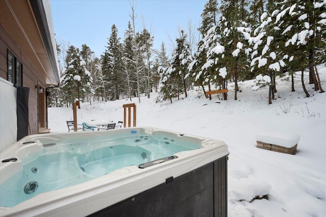 yard covered in snow with a hot tub