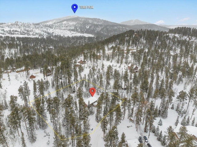 snowy aerial view with a mountain view