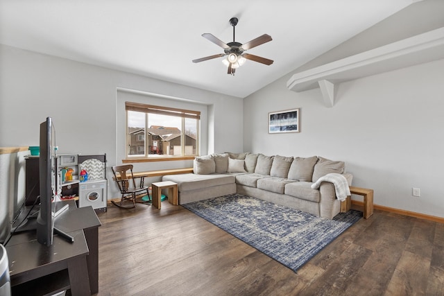 living room with ceiling fan, dark wood-type flooring, and lofted ceiling