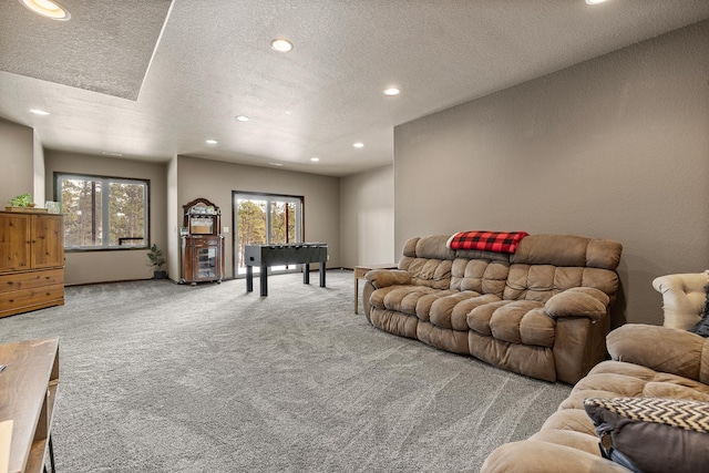 carpeted living room with a textured ceiling