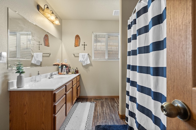 bathroom with wood-type flooring and vanity