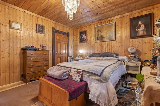 carpeted bedroom featuring wooden ceiling and wood walls