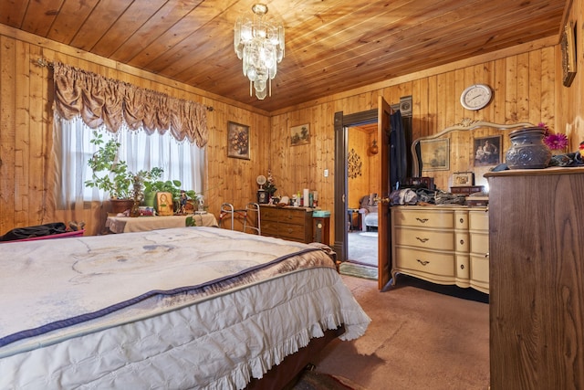 carpeted bedroom featuring wooden ceiling and wooden walls