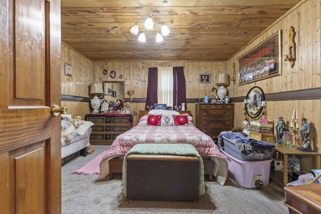 bedroom with wood ceiling, carpet floors, and wooden walls