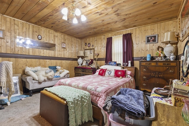 carpeted bedroom with wooden ceiling, wood walls, and an inviting chandelier