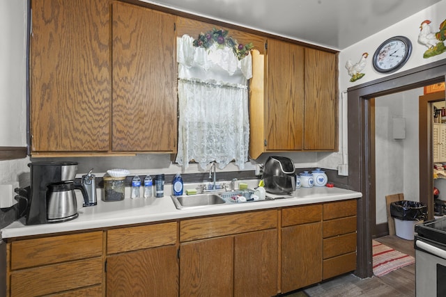 kitchen with dark wood-type flooring, electric range, and sink