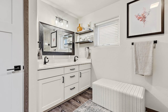 bathroom featuring vanity and hardwood / wood-style floors