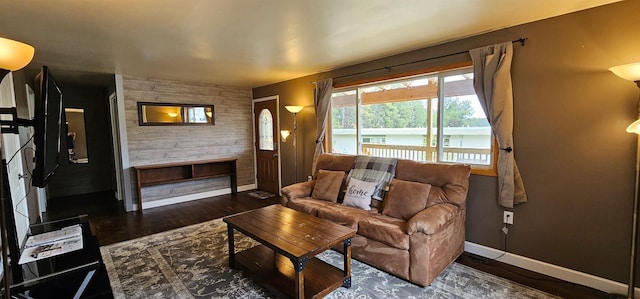 living room featuring dark wood-type flooring and a fireplace