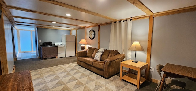 living room featuring light carpet