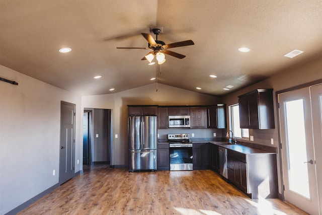 kitchen with sink, light wood-type flooring, stainless steel appliances, a healthy amount of sunlight, and dark brown cabinetry