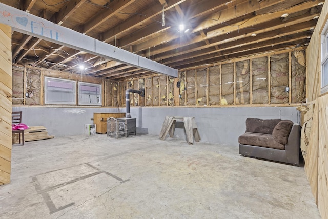 basement featuring a wood stove