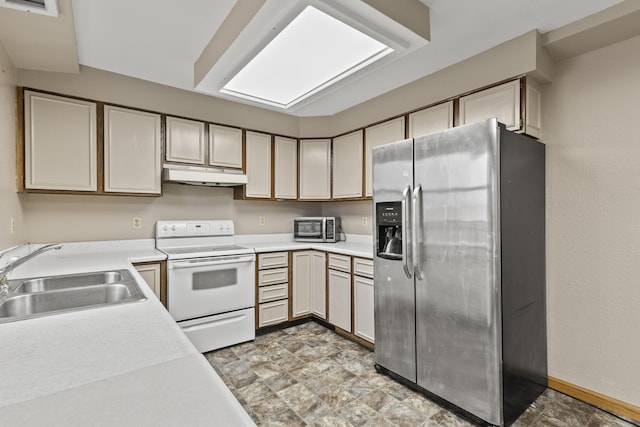 kitchen featuring stainless steel refrigerator with ice dispenser, sink, and white range with electric cooktop