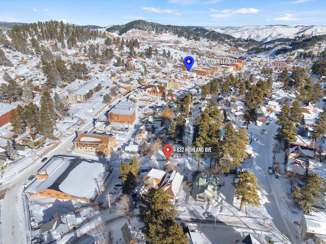 snowy aerial view featuring a mountain view