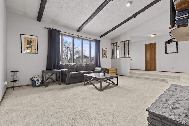 carpeted living room featuring vaulted ceiling with beams and a textured ceiling