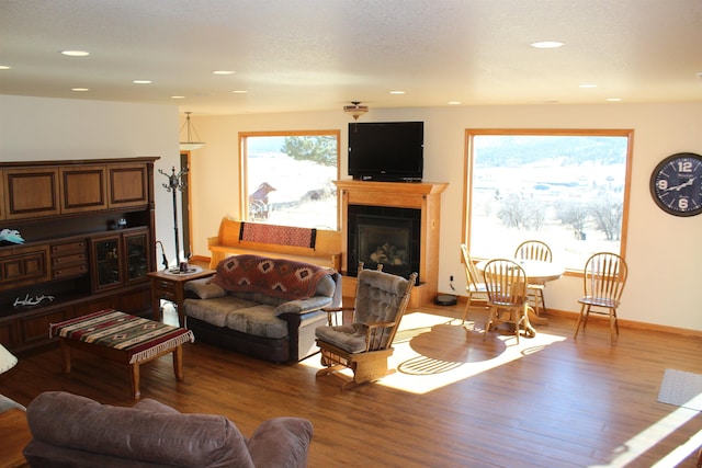 living area featuring baseboards, recessed lighting, wood finished floors, a glass covered fireplace, and a textured ceiling