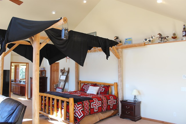 bedroom featuring carpet floors, recessed lighting, and vaulted ceiling