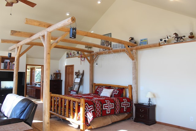 bedroom featuring high vaulted ceiling, ensuite bathroom, baseboards, and carpet floors