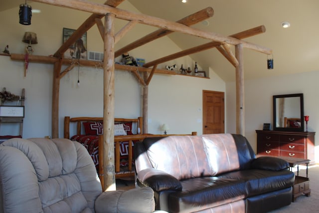 carpeted living area with beam ceiling, visible vents, and high vaulted ceiling