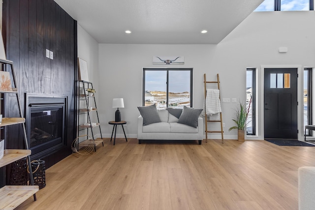 living room featuring a fireplace and light hardwood / wood-style flooring