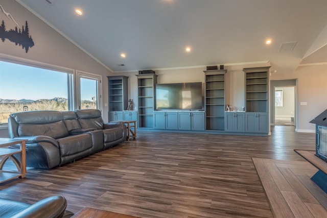 living room with ornamental molding, a mountain view, dark hardwood / wood-style floors, and high vaulted ceiling