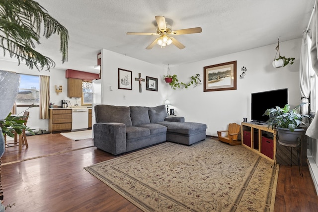 living room with dark hardwood / wood-style flooring, ceiling fan, and a textured ceiling