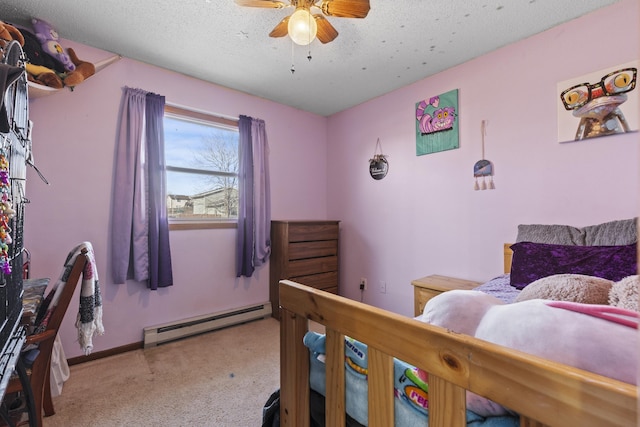 bedroom featuring a textured ceiling, carpet, ceiling fan, and baseboard heating