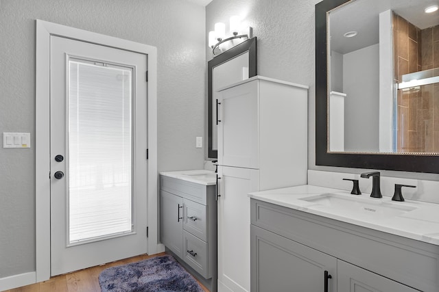 bathroom with walk in shower, vanity, and wood-type flooring