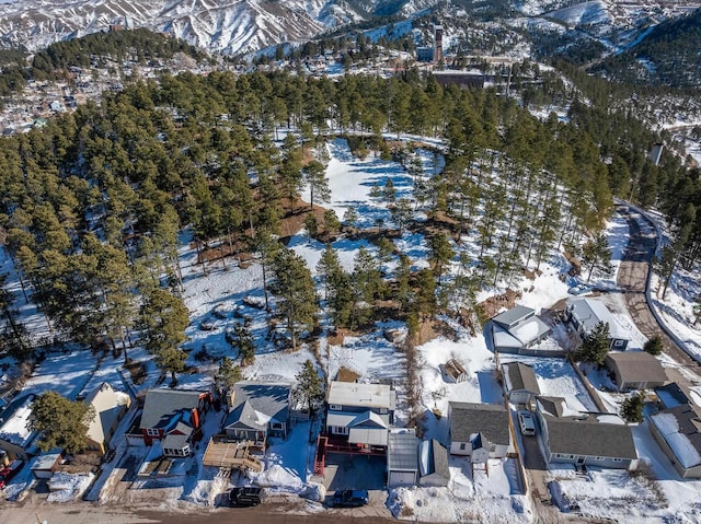 snowy aerial view featuring a mountain view