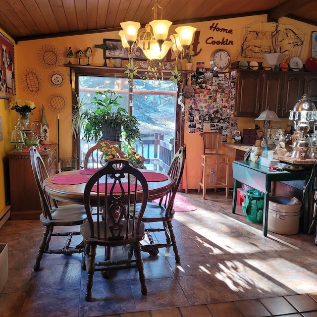 dining space with a notable chandelier and wood ceiling