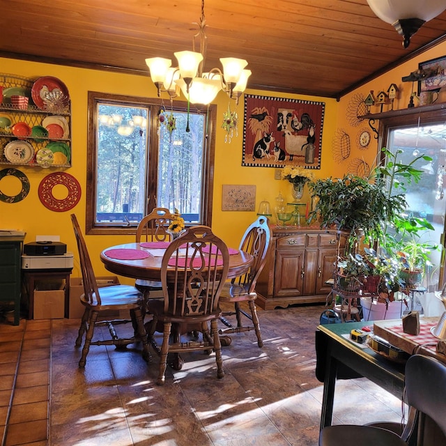 dining room with wood ceiling, vaulted ceiling, and a chandelier