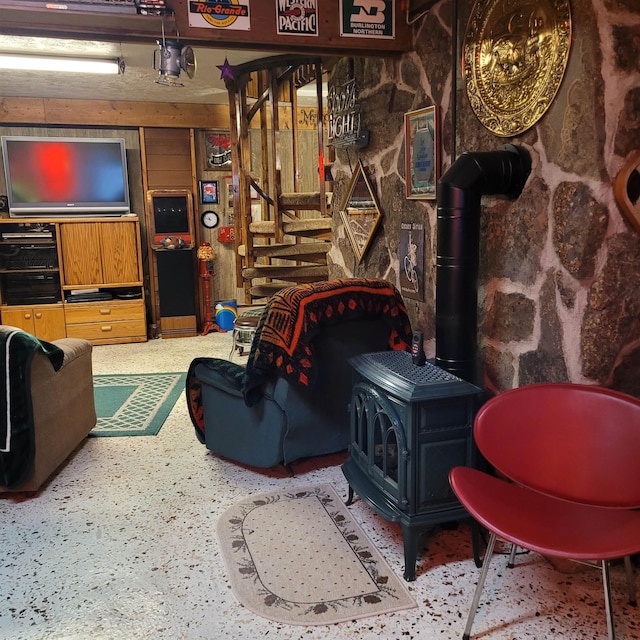 interior space featuring a wood stove