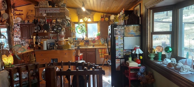 kitchen with lofted ceiling, dishwasher, and wooden ceiling