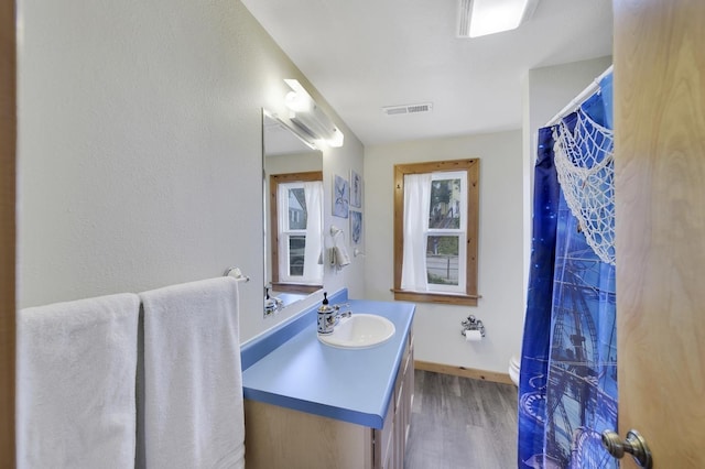 bathroom with vanity, hardwood / wood-style floors, and toilet