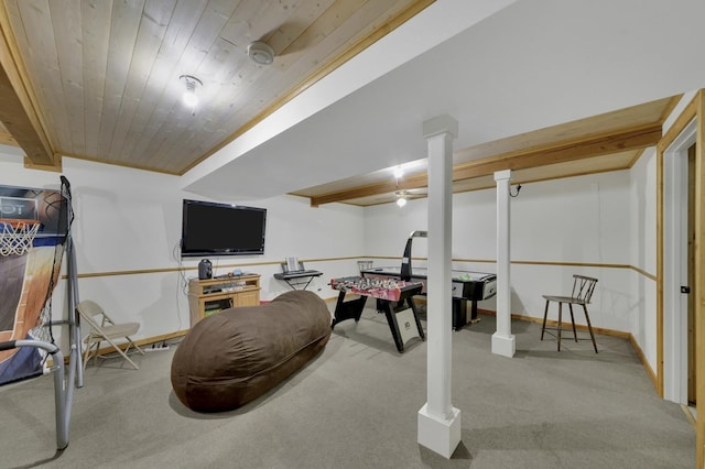 playroom featuring light colored carpet, wooden ceiling, decorative columns, and beamed ceiling