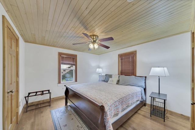 bedroom with ornamental molding, ceiling fan, wood ceiling, and light hardwood / wood-style flooring