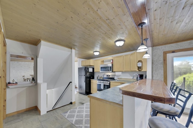 kitchen featuring wood ceiling, hanging light fixtures, light brown cabinets, kitchen peninsula, and stainless steel appliances