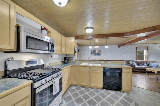 kitchen featuring sink, wood ceiling, hanging light fixtures, beamed ceiling, and stainless steel appliances