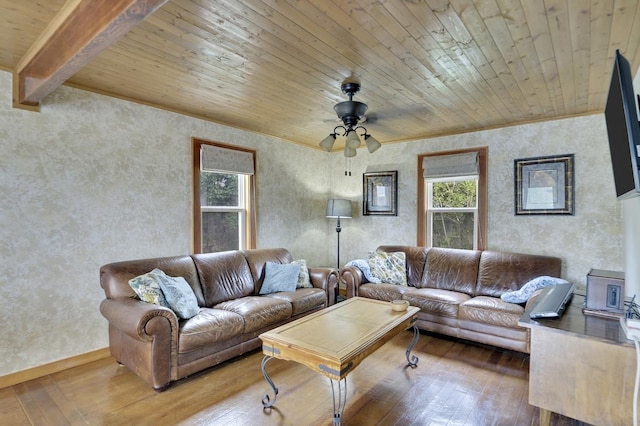 living room with hardwood / wood-style floors, beam ceiling, wooden ceiling, and ceiling fan