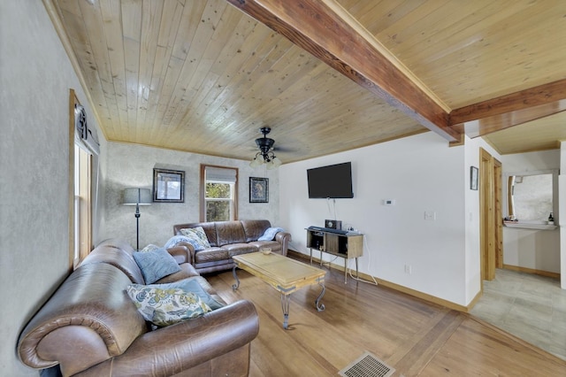 living room featuring beam ceiling, wood ceiling, light hardwood / wood-style floors, and ceiling fan