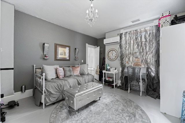 bedroom featuring a wall mounted AC and a chandelier