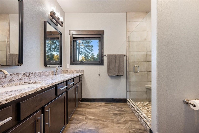 bathroom featuring walk in shower and vanity