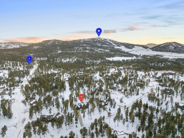 snowy aerial view with a mountain view