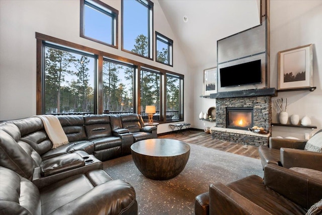 living room featuring hardwood / wood-style floors, a fireplace, and high vaulted ceiling