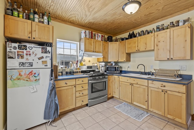 kitchen with wood ceiling, stainless steel appliances, light brown cabinetry, and sink