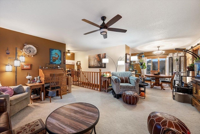 carpeted living room with a textured ceiling